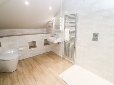 A bathroom with a toilet sink shower glass panel and towel rail at Postcard Lodge Polruan