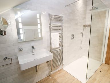 A bathroom with a sink mirror heated towel rail and walk in shower at Postcard Lodge in Polruan