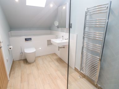 A bathroom with a toilet sink mirror and towel radiator at Postcard Lodge in Polruan