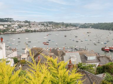 A view of a river with boats and houses along the shore at Postcard Lodge in Polruan