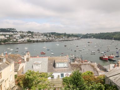 A coastal town with houses overlooking a harbor filled with many boats and yachts at Postcard Lodge in Polruan