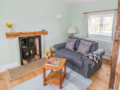 A living room with a fireplace, a gray sofa with cushions, a wooden coffee table with magazines, and a window at Wigrams Canalside Cottage in Napton-on-the-Hill