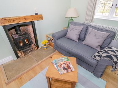 A living room with a wood-burning stove a gray sofa with cushions a wooden coffee table with magazines and a table lamp at Wigrams Canalside Cottage Napton-on-the-Hill