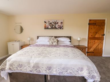 A bedroom with a large bed two bedside tables lamps a wooden door and a wall painting of farm animals at Treboeth in Knighton