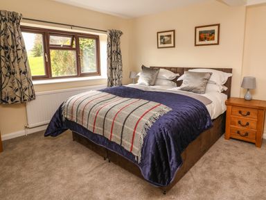 A bedroom with a double bed cushions bedside tables lamps and framed pictures at Treboeth in Knighton