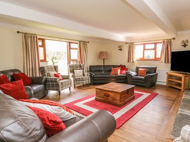 A living room with leather sofas plaid armchairs a wooden chest coffee table a red and white rug and a television at Treboeth in Knighton
