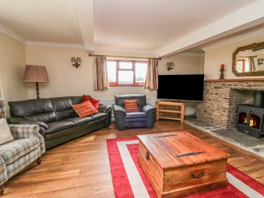 A living room with leather sofas a fireplace a wooden chest coffee table and a television at Treboeth in Knighton