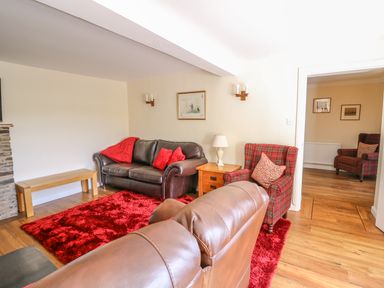 A living room with brown leather sofas red cushions and a red rug at Treboeth in Knighton