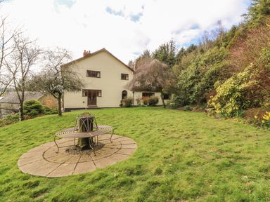 A house with a garden featuring a circular bench around a tree stump at Treboeth in Knighton