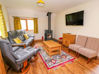 A living room with leather armchairs wooden coffee table and fireplace at Pines Pitch in Knighton
