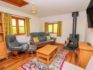 A living room with leather sofa and armchair wooden coffee table wood-burning stove and patterned rug at Pines Pitch in Knighton