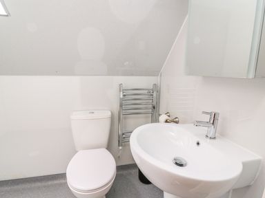 A bathroom with a toilet sink mirror and towel rail at Pines Pitch in Knighton