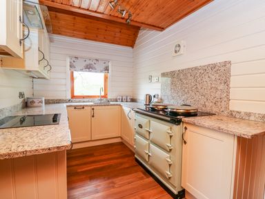 A kitchen with wooden ceiling and floor cream cabinets and a stove at Pines Pitch in Knighton