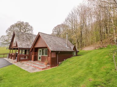 Two wooden cabins with slate roofs near a grassy hill and leafless trees at Pines Pitch in Knighton