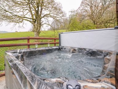 An outdoor hot tub with two glasses on the edge overlooking a grassy field with trees at Pines Pitch in Knighton