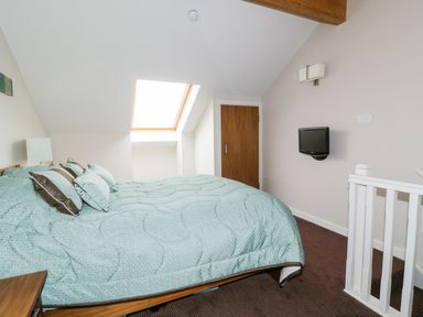 A bedroom with a bed near a skylight window a small wall-mounted television and a wooden door at Ullswater 29 in Penrith