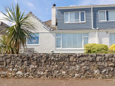 A front view of a house with white walls a stone wall and a large plant at Bayview in Mevagissey