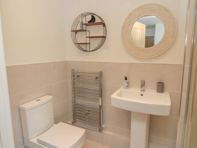 A bathroom with a toilet a sink a round mirror and a metal towel radiator at High Tide House in Craster