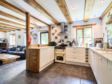 A kitchen with a cooker and shelving at Woodcutters in Rezare near Launceston