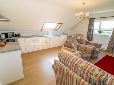 An open kitchen and living area with white cabinets wooden flooring striped and patterned chairs and a red rug at Llain Haf in Llangefni
