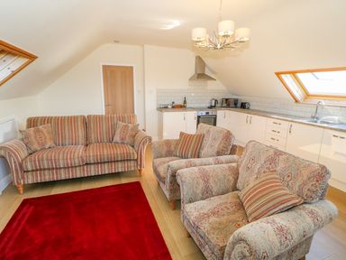 A living room and kitchen with a striped sofa, patterned armchairs, a wooden door, white cabinets, and skylight windows at Llain Haf in Llangefni