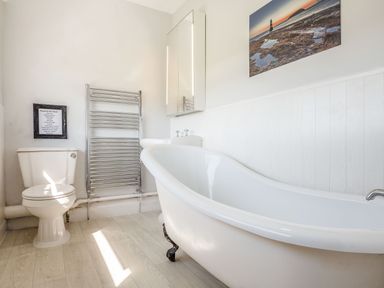 A bathroom with a clawfoot bathtub toilet towel warmer and a wall mirror cabinet at Tyn Y Berth in Benllech