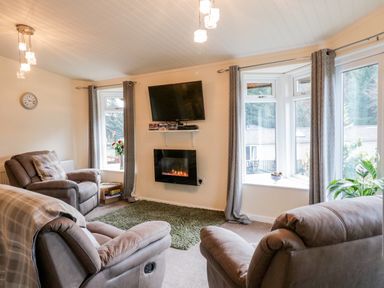 A living room with two armchairs a wall mounted TV an electric fireplace and large windows at The Wee Lodge in Dollar