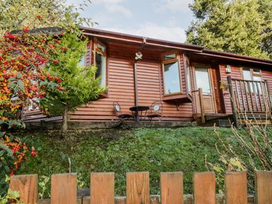 An exterior view of a wooden cabin with a small patio table and two chairs a wooden fence and greenery at The Wee Lodge in Dollar
