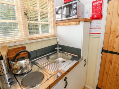 A kitchen sink with a kettle stove and microwave in a small kitchen at Shepherds Hut The Hurdle in Rosemarket