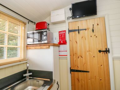 A kitchen area with a stainless steel sink microwave and toaster near a wooden door with hooks and a wall-mounted television at Shepherds Hut The Hurdle in Rosemarket