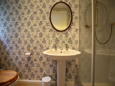 A bathroom with a pedestal sink, oval mirror, toilet with wooden seat, and a glass shower enclosure at All Souls Cottage Eastleach Cotswolds