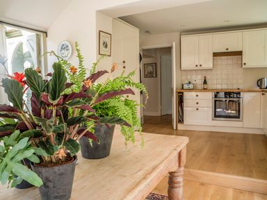 A kitchen with plants on a wooden table and white cabinets at All Souls Cottage in Eastleach Cotswolds