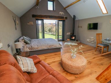 A room with a bed a wood burning stove a leather sofa and glass doors opening to a garden at Thompson Rigg Barn Langdale End near Thornton Dale