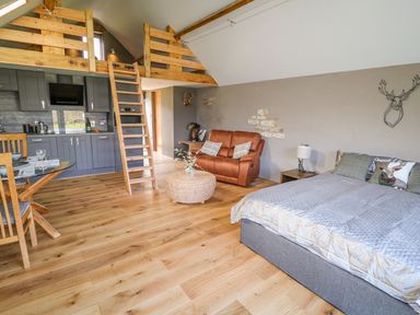 A room with a bed sofa table chairs kitchen area and wooden loft at Thompson Rigg Barn Langdale End near Thornton Dale