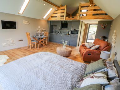 A studio room with a bed a small dining table two chairs a sofa and a kitchenette at Thompson Rigg Barn Langdale End near Thornton Dale