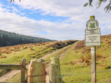 A dirt path with a wooden gate and a National Trust sign on a grassy hillside with trees in the background at Thompson Rigg Barn in Langdale End near Thornton Dale