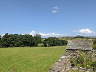 A grassy field with trees and mountains in the distance with a stone wall and small stone structure in the foreground at Rose Cottage in Lowick Bridge