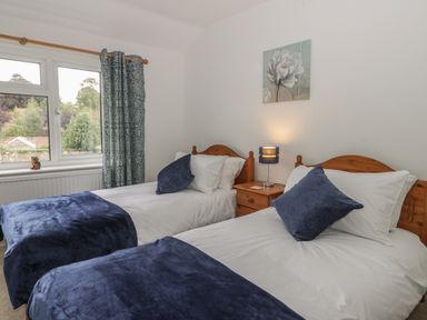 A bedroom with two single beds with blue pillows and blankets a nightstand with a lamp and a window with patterned curtains at Humble Bee Cottage in Wold Newton near Hunmanby