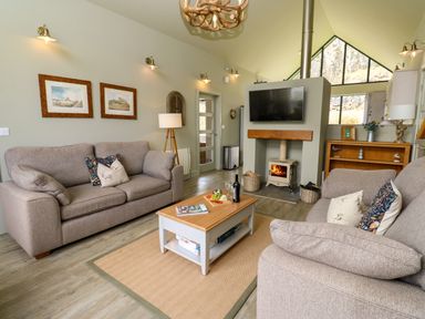 A living room with two sofas a coffee table a wood stove with a mounted TV and large windows at Restharrow Lodge in Bamburgh