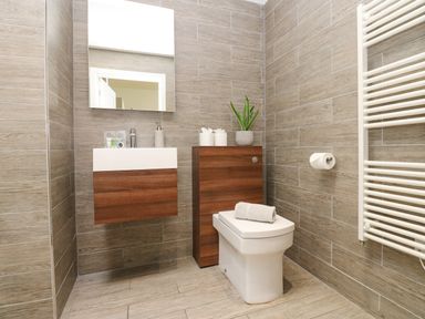 A bathroom with a toilet a sink with a cabinet a mirror a plant and a towel on the toilet at Restharrow Lodge in Bamburgh