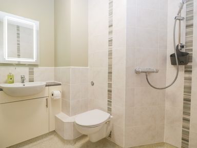 A bathroom with a sink cabinet mirror toilet and wall-mounted shower at Stable Cottage in Shipham