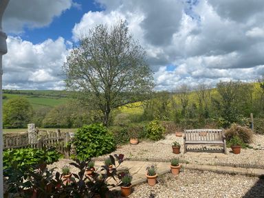 An outdoor garden area with potted plants a wooden bench a tree and a wooden gate with fields and cloudy sky in the background at Ribby Farmhouse in Lerryn