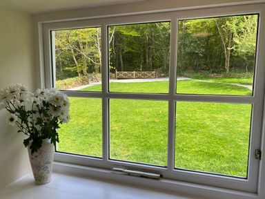 A window with a vase of white flowers on the windowsill overlooking a grassy yard and wooden gate surrounded by trees at Ribby Farmhouse in Lerryn