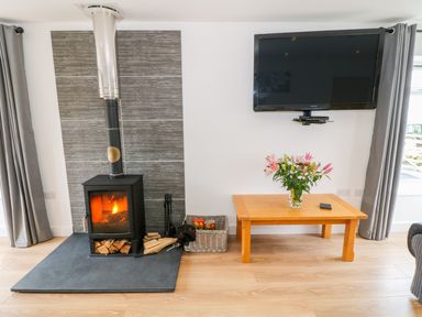 A living room with a burning wood stove firewood a wooden coffee table with flowers and a wall-mounted TV at Llwyd Coed Canol in Llanllyfni near Penygroes