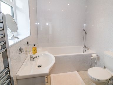 A bathroom with a bathtub a sink a toilet and a towel radiator at Llwyd Coed Canol in Llanllyfni near Penygroes
