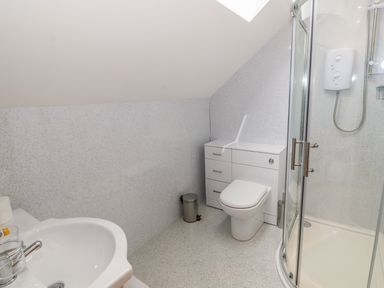 A bathroom with a toilet, sink, shower enclosure, and small trash bin at Llwyd Coed Canol in Llanllyfni near Penygroes