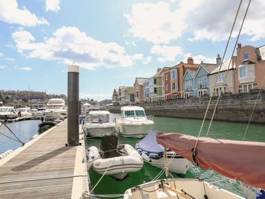 A marina with boats docked along a wooden pier and colorful houses in the background at Quayside Dart Marina in Dartmouth
