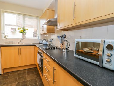 A kitchen with wooden cabinets black countertops a stovetop a light blue microwave and a window with white blinds at Valiant House Scarborough