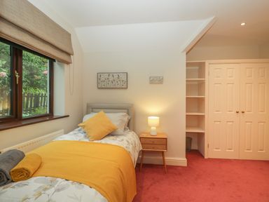 A bedroom with a single bed covered in yellow bedding a nightstand with a lamp a window with blinds a closet with double doors and red carpet at Tudor House in Symonds Yat