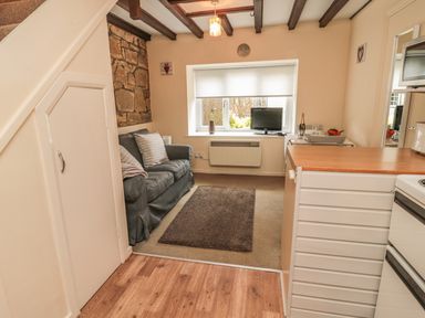 A small living room with a sofa, rug, and TV near a window in a space with wooden beams at Robin Cottage in Morpeth